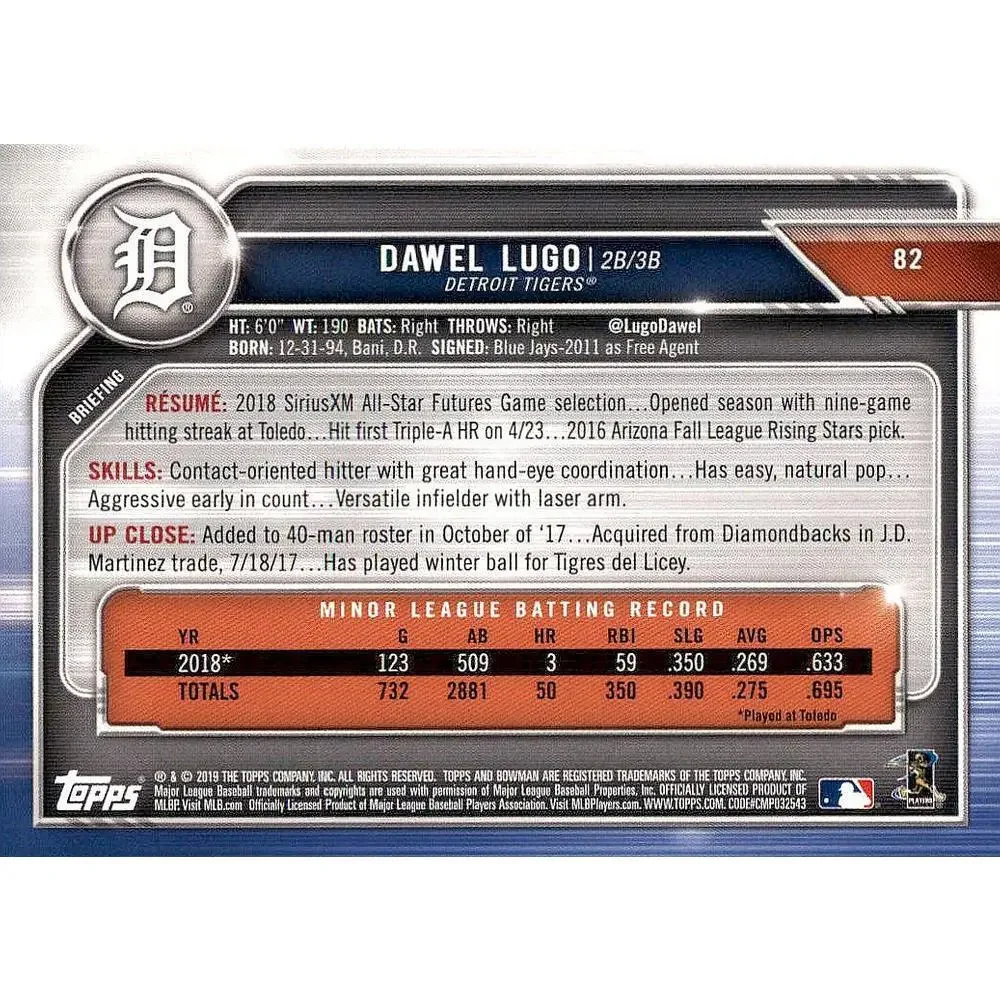2019 Bowman Dawel Lugo RC #82 Detroit Tigers